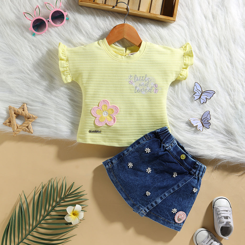Girls Yellow Floral Applique T-Shirt With Denim Shorts Sets 2 pc. Sets Yellow 12-18 M