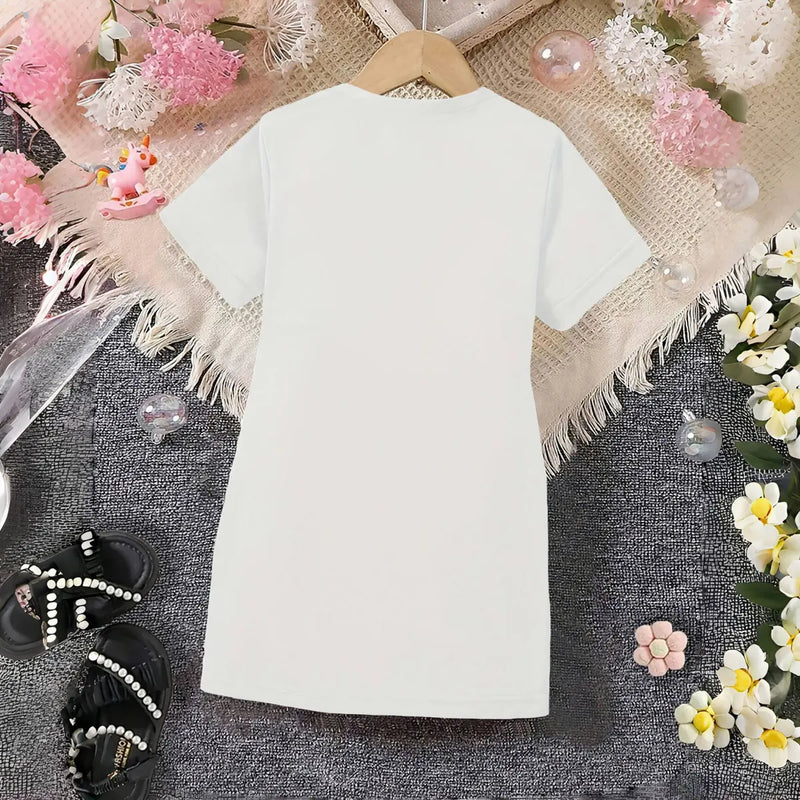 Girls White Heart Print Short Sleeve T-Shirt Dress Casual Dresses