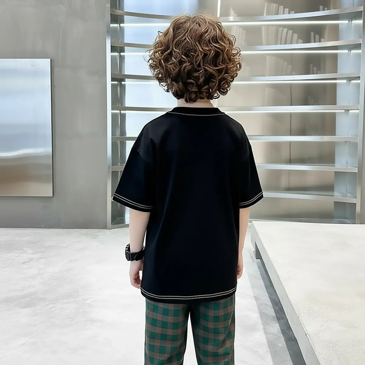 Boys Black Oversized T-Shirt With Checked Joggers Sets Sets