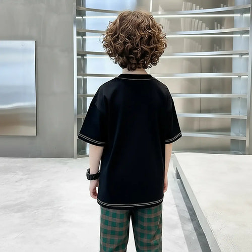 Boys Black Oversized T-Shirt With Checked Joggers Sets Sets