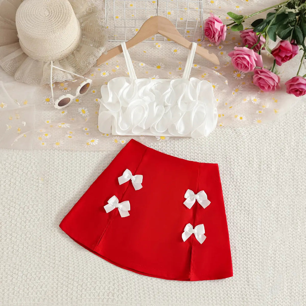 Girls Floral Applique Sleeveless Crop Top With Red Skirt Sets Sets Red 2-3 Y