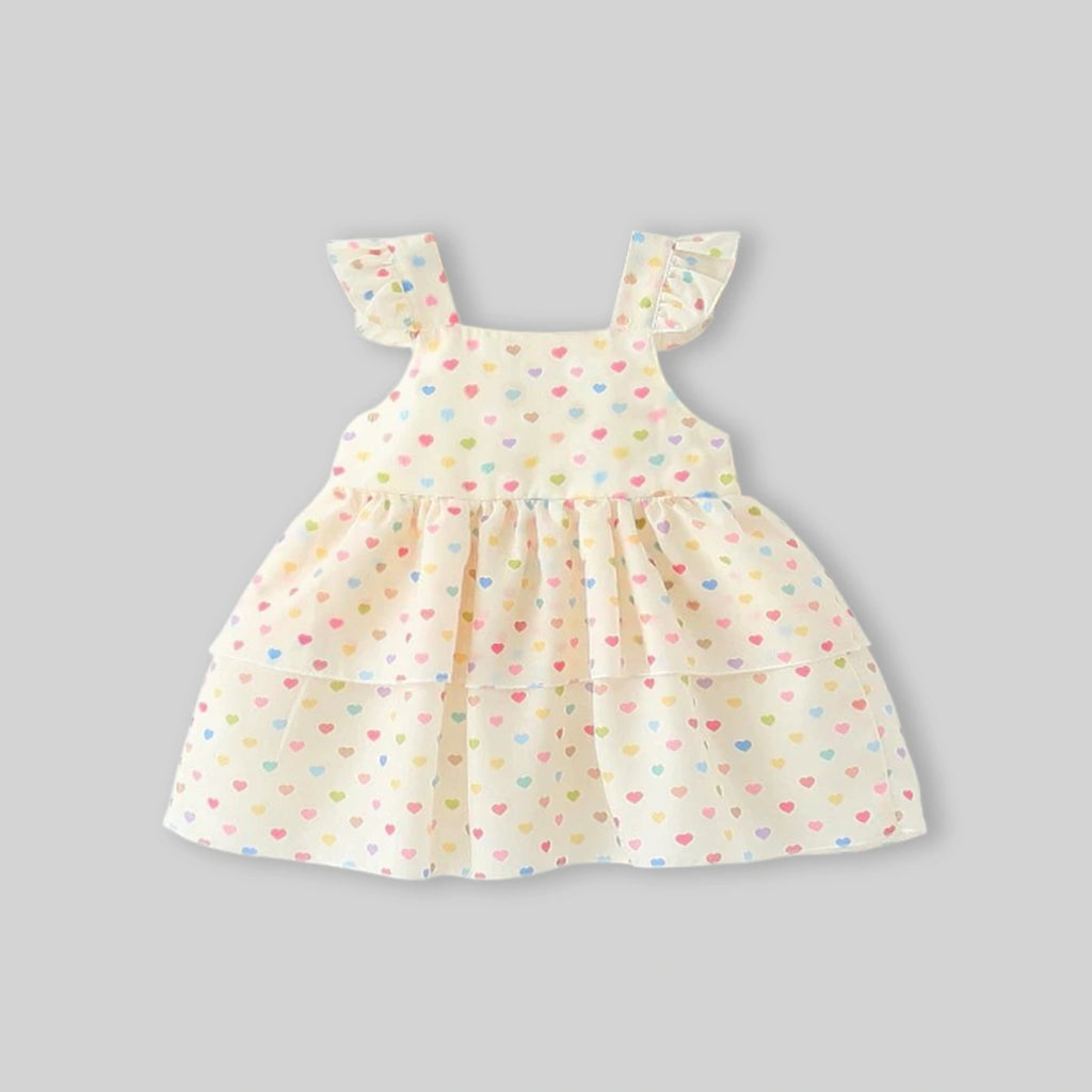 Girls Apricot Heart Print A-Line Dress With Bow Details Casual Dresses