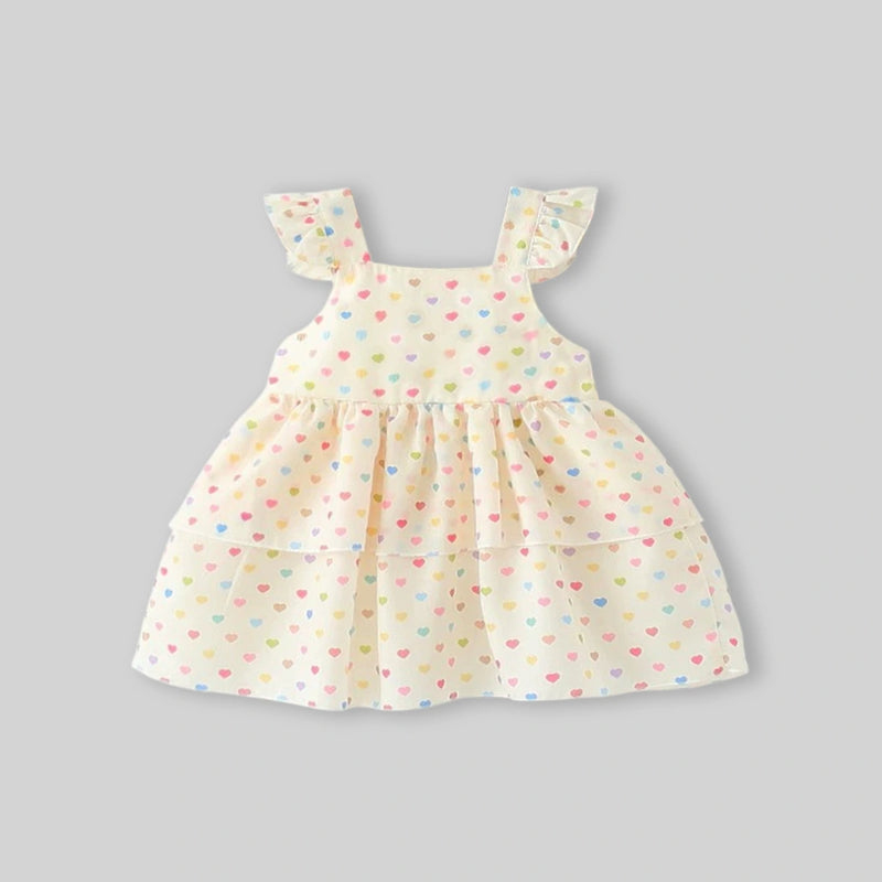 Girls Apricot Heart Print A-Line Dress With Bow Details Casual Dresses