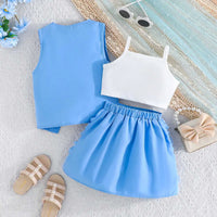 Girls Blue Sleeveless Waistcoat With Top & Skirt Sets Sets