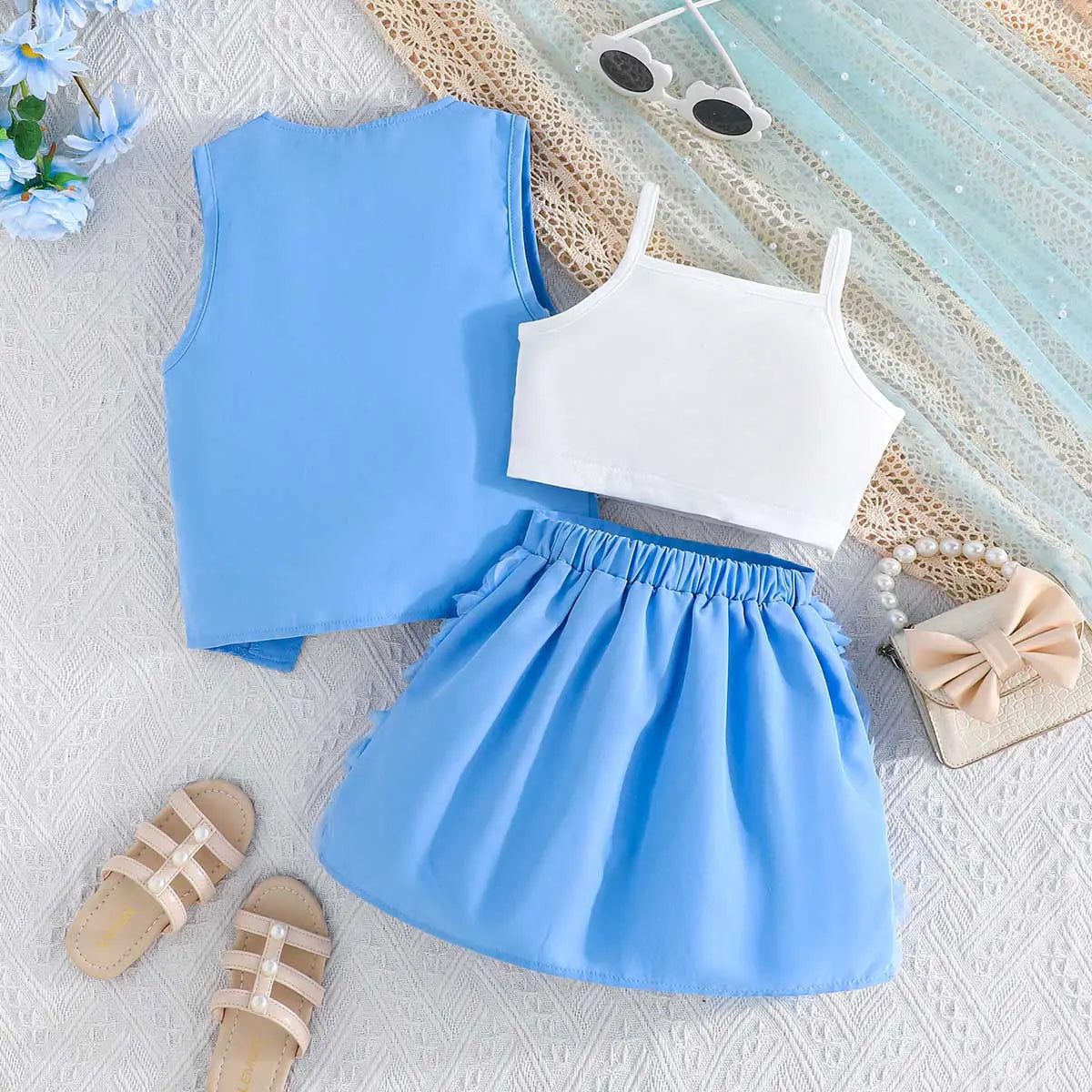 Girls Blue Sleeveless Waistcoat With Top & Skirt Sets Sets