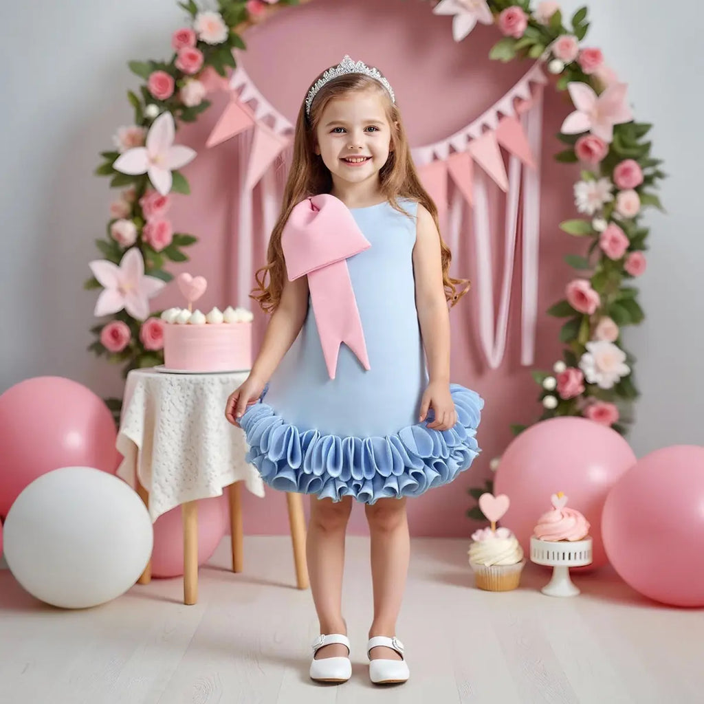 Girls Sky Blue Sleeveless A-line Party Wear Dress With Bow Applique Party Dresses