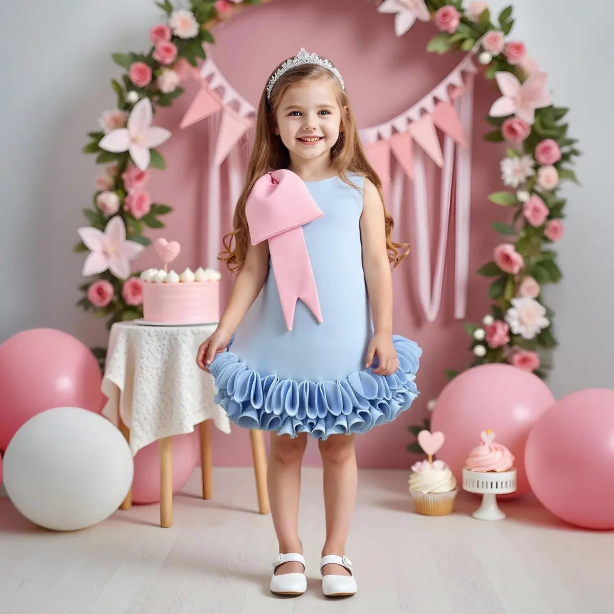 Girls Sky Blue Sleeveless A-line Party Wear Dress With Bow Applique Party Dresses
