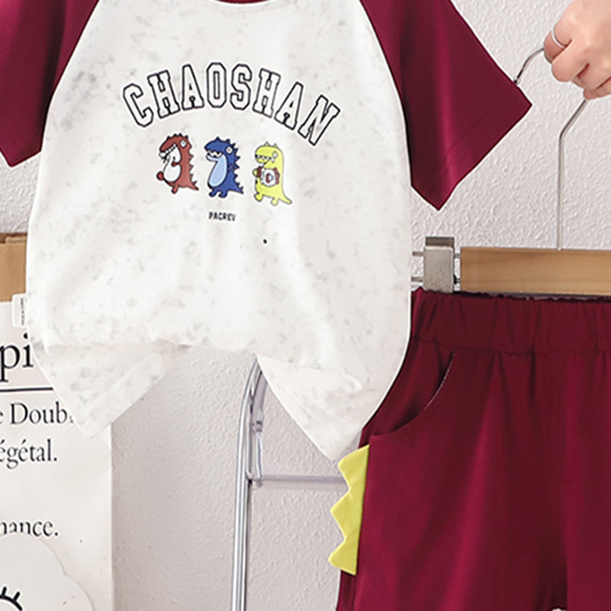 Boys Maroon Raglan Sleeves Dinosaur Printed T-Shirt With Shorts Set 2 pc. Sets