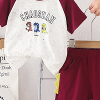 Boys Maroon Raglan Sleeves Dinosaur Printed T-Shirt With Shorts Set 2 pc. Sets
