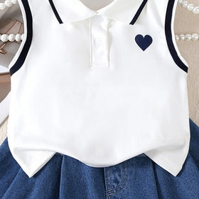 Girls White Heart Print Sleeveless Polo Top With Denim Skirt Sets 2 pc. Sets