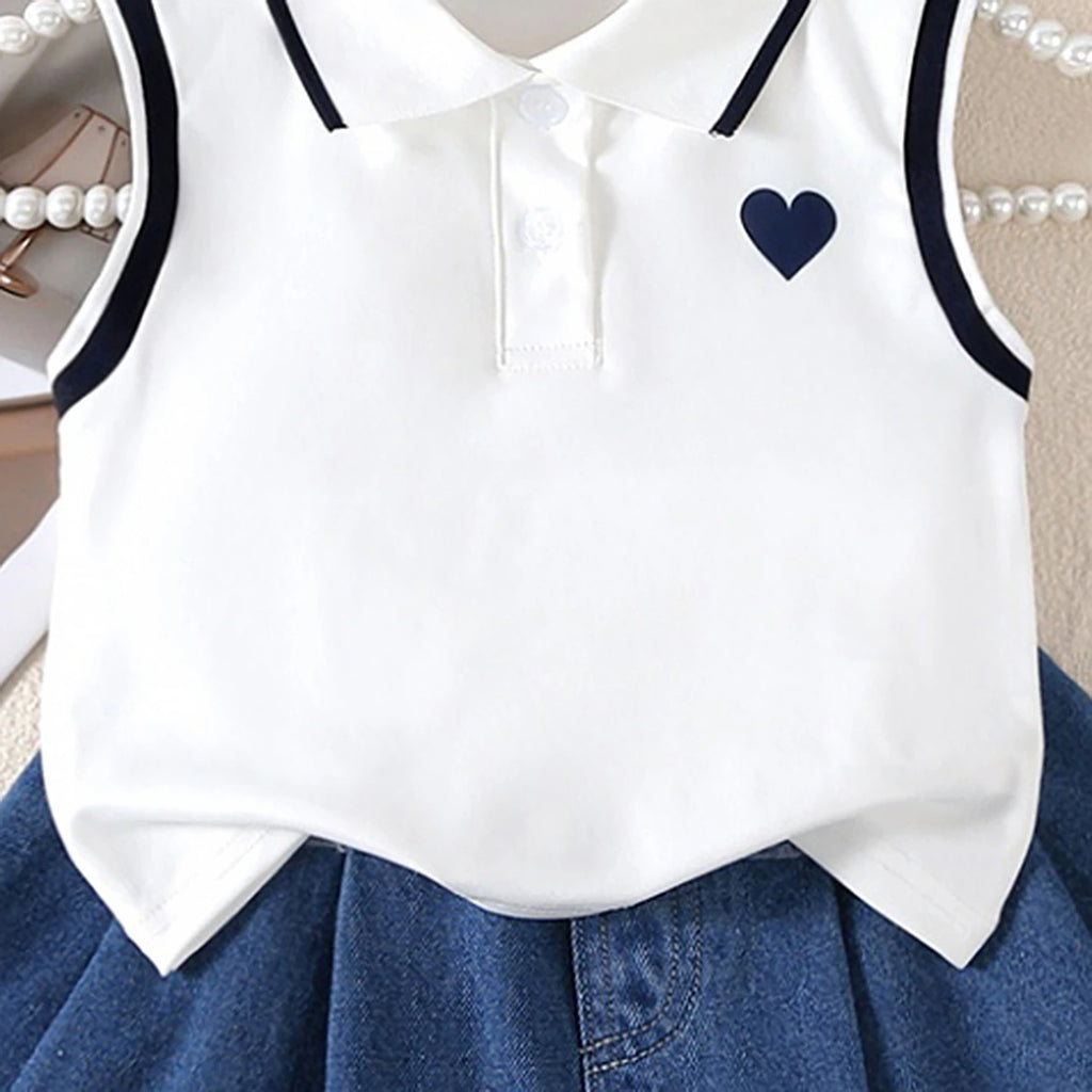 Girls White Heart Print Sleeveless Polo Top With Denim Skirt Sets 2 pc. Sets