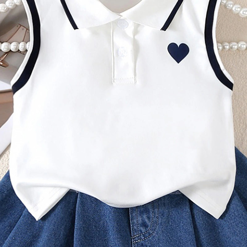 Girls White Heart Print Sleeveless Polo Top With Denim Skirt Sets 2 pc. Sets