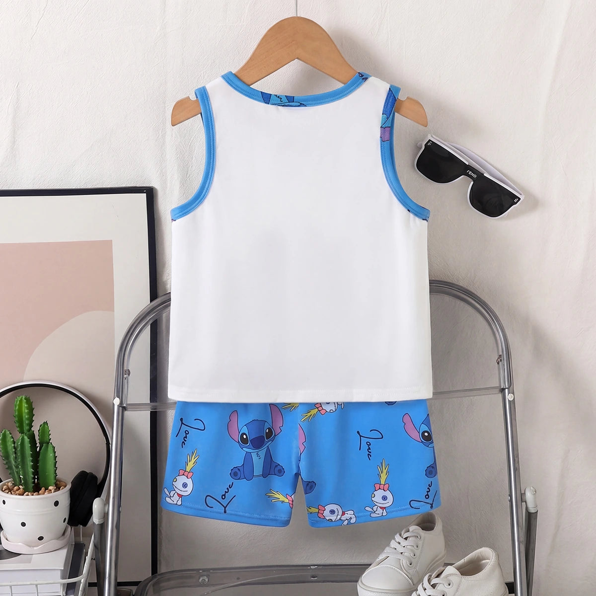 Boys White Cartoon Characters Printed Sleeveless T-Shirt With Shorts Sets 2 pc. Sets