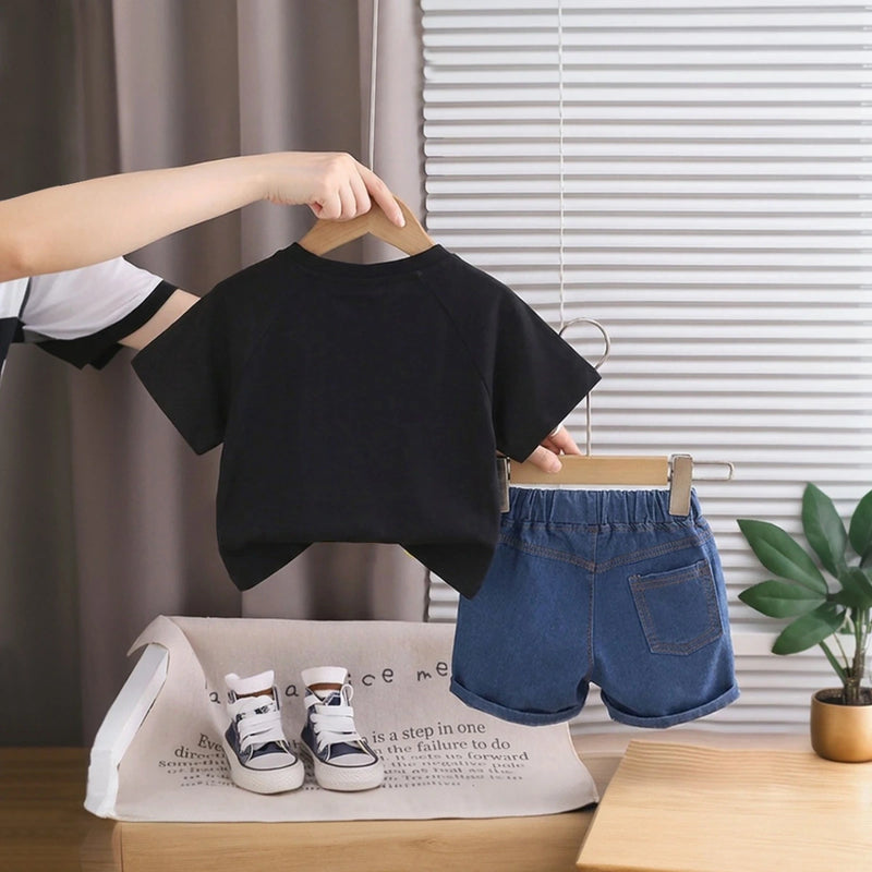 Boys Black Animal Applique Short Sleeve T-Shirt With Denim Shorts Sets 2 pc. Sets