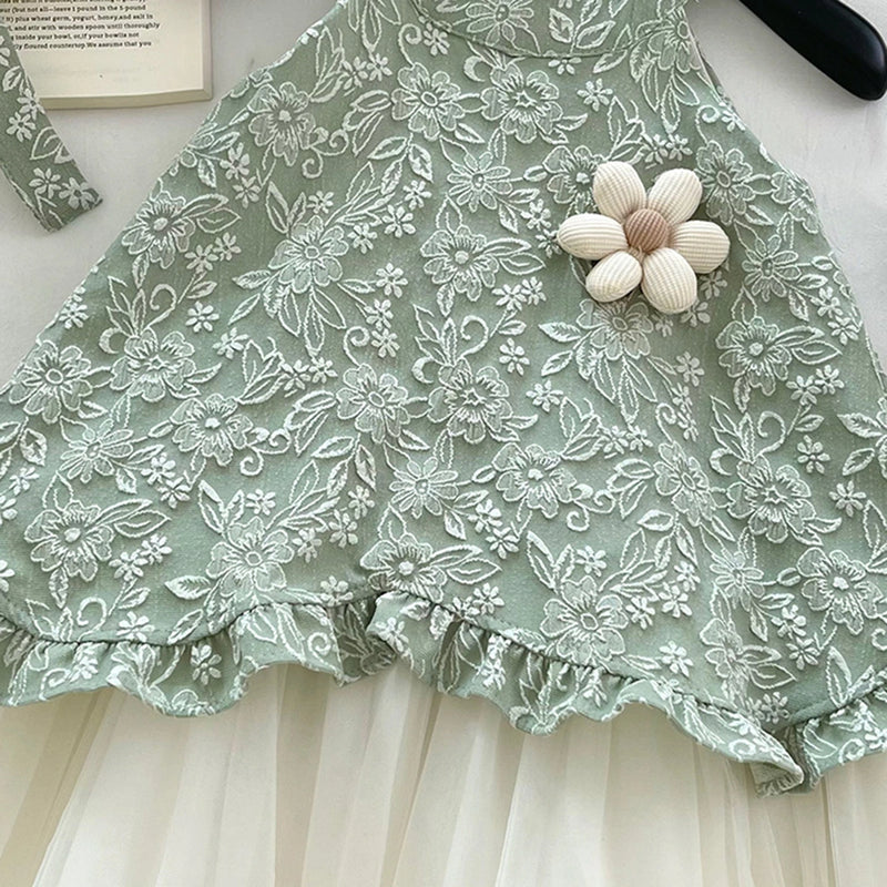 Girls Green Floral Embroidered Sleeveless Fit & Flare Dress Casual Dresses