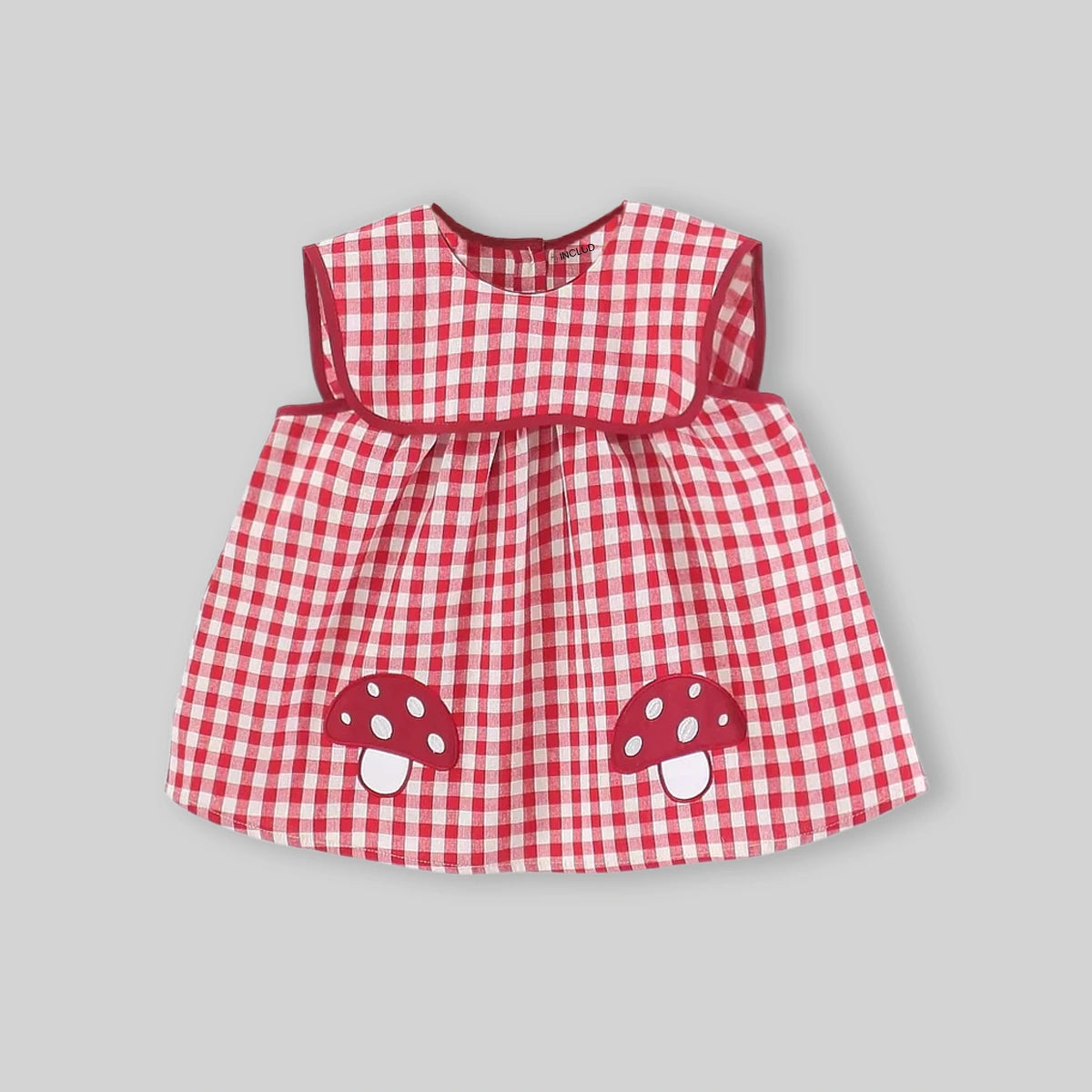 Girls Red Checked Mushroom Embroidered Sleeveless A-Line Dress Casual Dresses