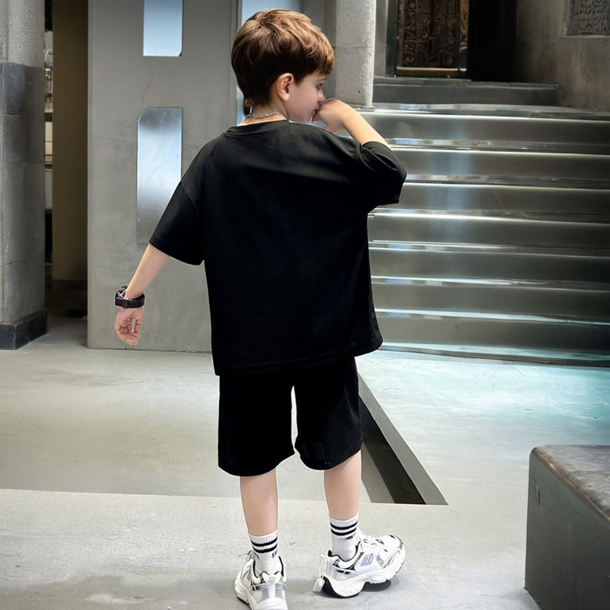 Boys Black Teddy Bear Printed Summer Oversized T-shirt With Bermuda Set 2 pc. Sets