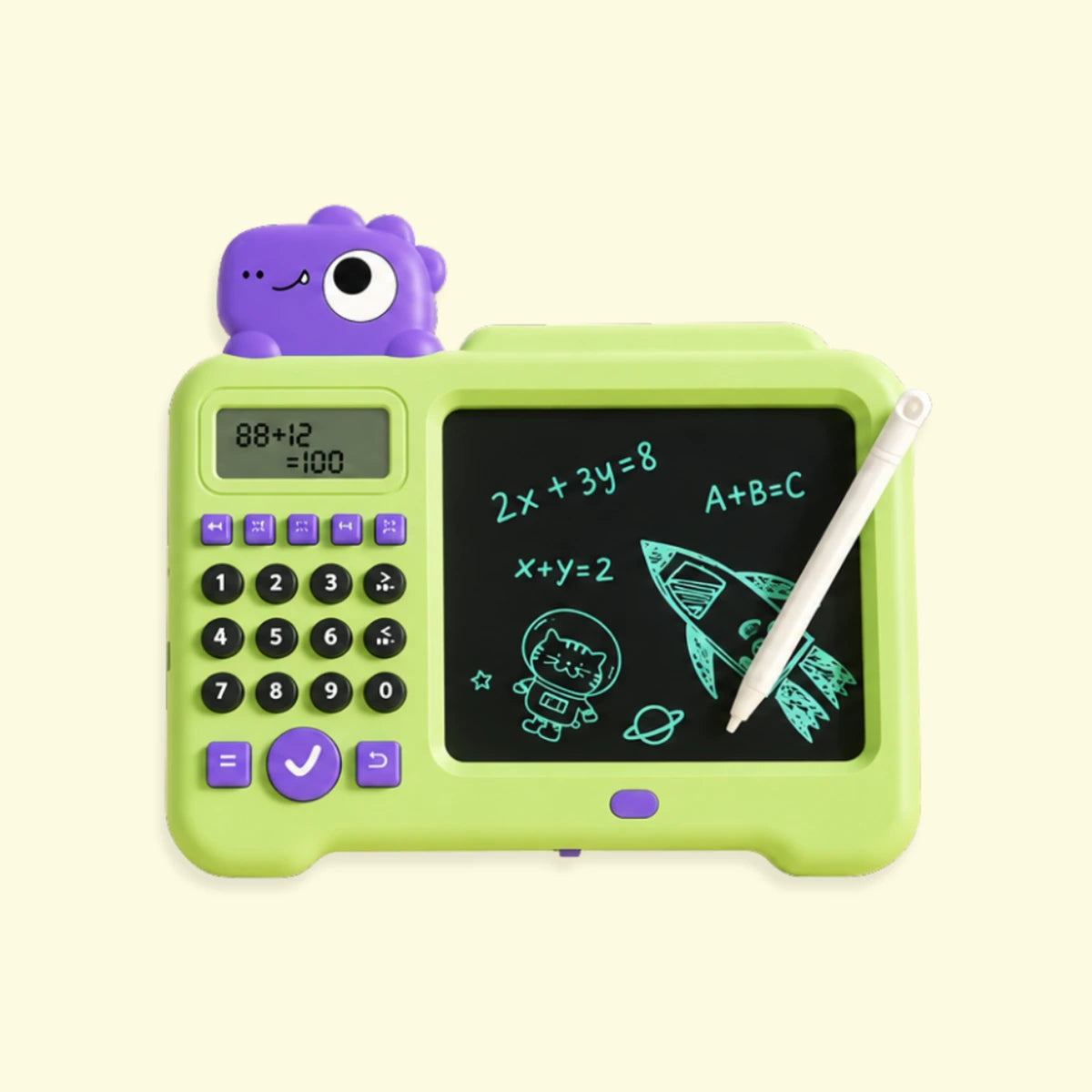 2-in-1 Dinosaur Calculator & LCD Writing Tablet - Math Learning & Drawing Board with Stylus, Green Trending Accessories Green Onesize