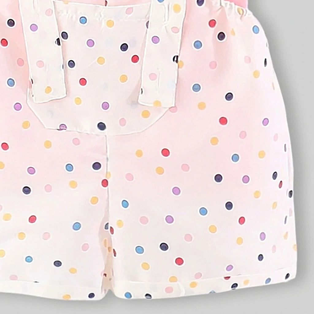Girls Pink Round Neck Sleeveless Top With Polka Dot Dungaree Sets Sets
