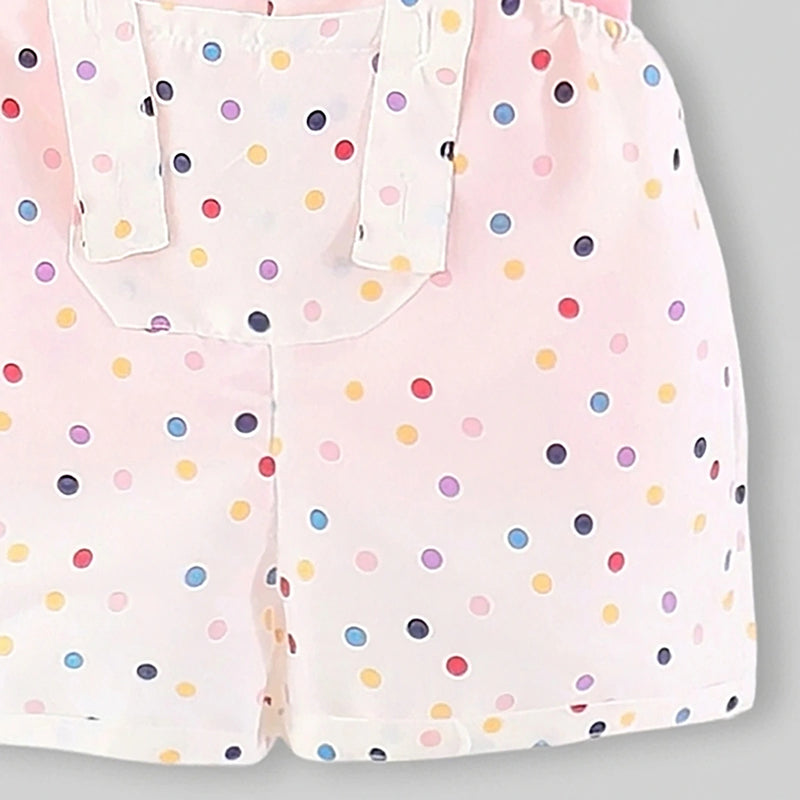 Girls Pink Round Neck Sleeveless Top With Polka Dot Dungaree Sets Sets