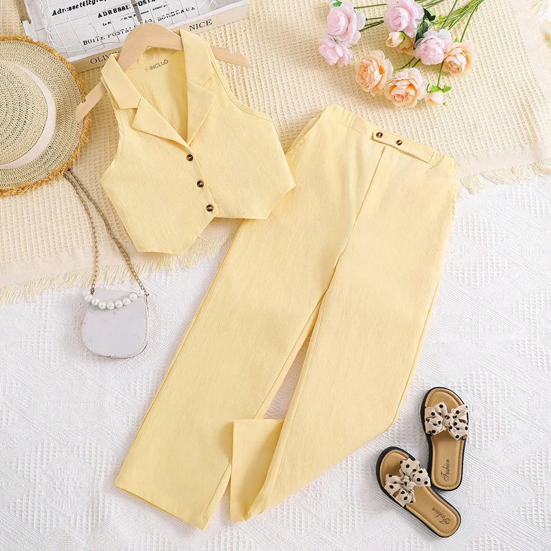 Girls Yellow Sleeveless Top With Elasticated Pants Sets 2 pc. Sets Yellow 3-4 Y