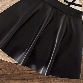 Girls Off White Bow Applique Round Neck Top With Faux Leather Skirt Sets 2 pc. Sets