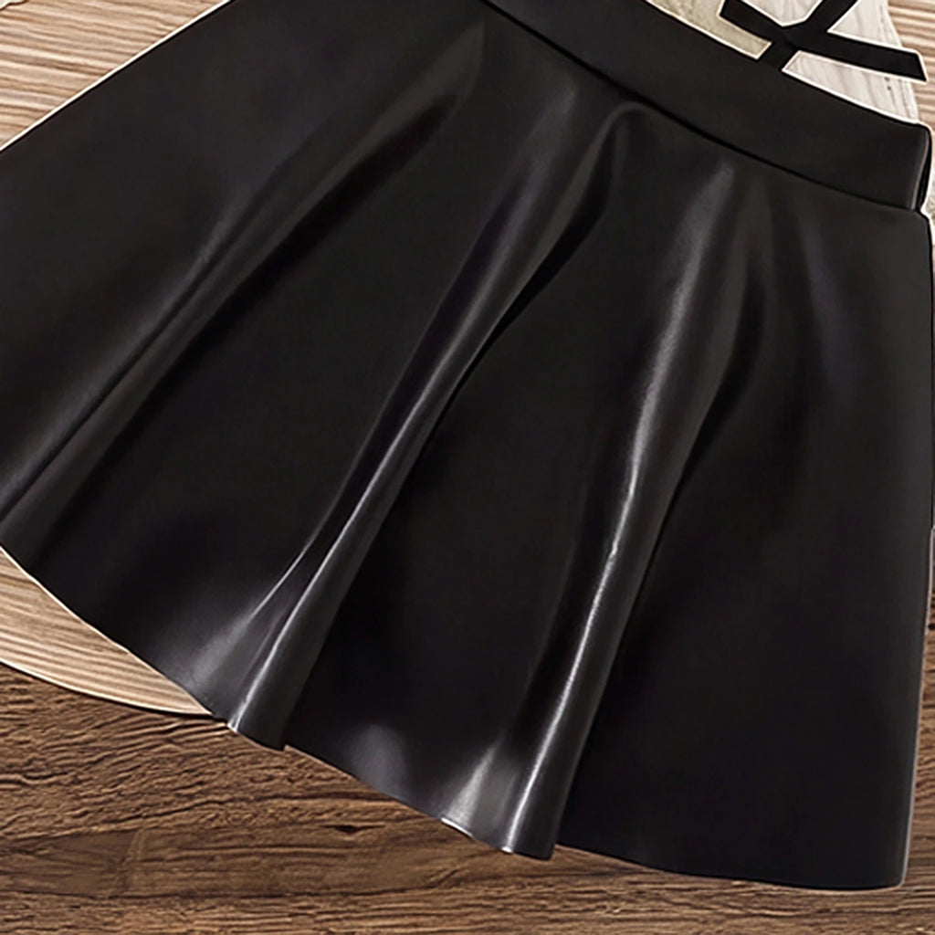 Girls Off White Bow Applique Round Neck Top With Faux Leather Skirt Sets 2 pc. Sets