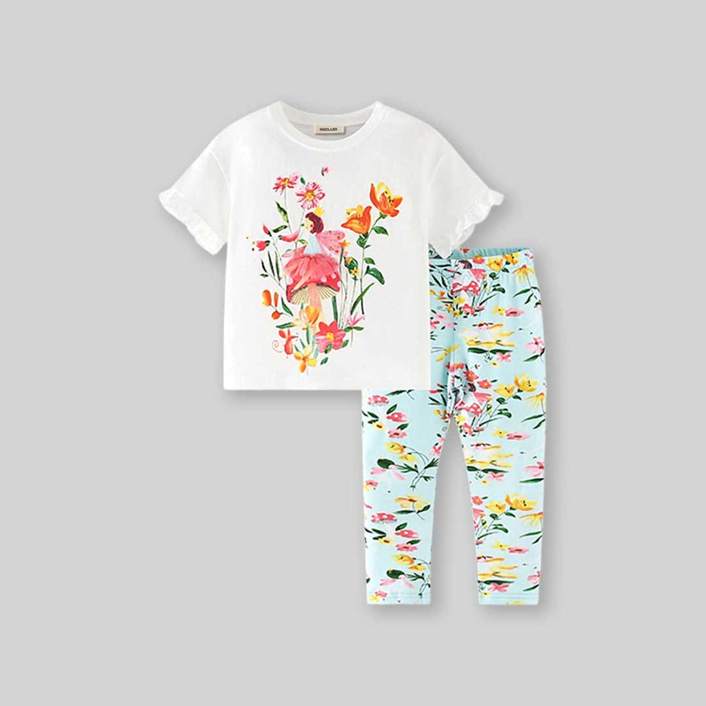 Girls Printed Short Sleeves T-shirt with Leggings Set Sets   