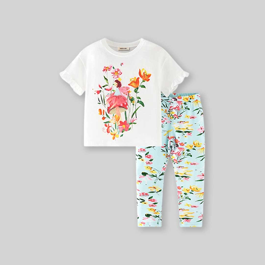 Girls Printed Short Sleeves T-shirt with Leggings Set Sets   