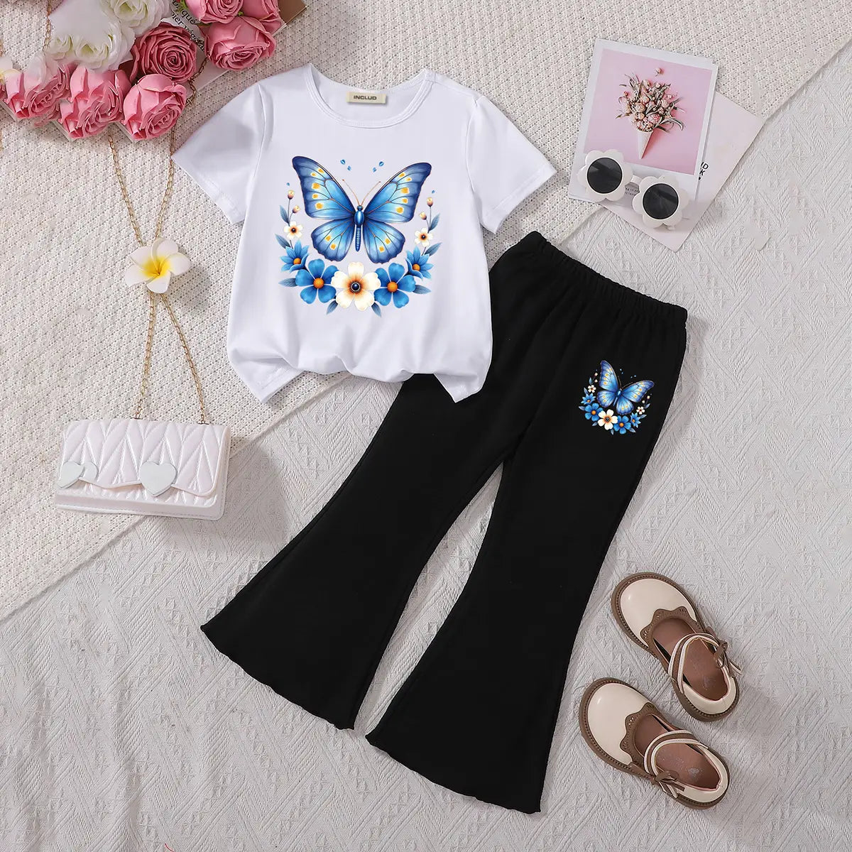 Girls White Butterfly Printed T-Shirt With Flared Pants Sets Sets White 3-4 Y