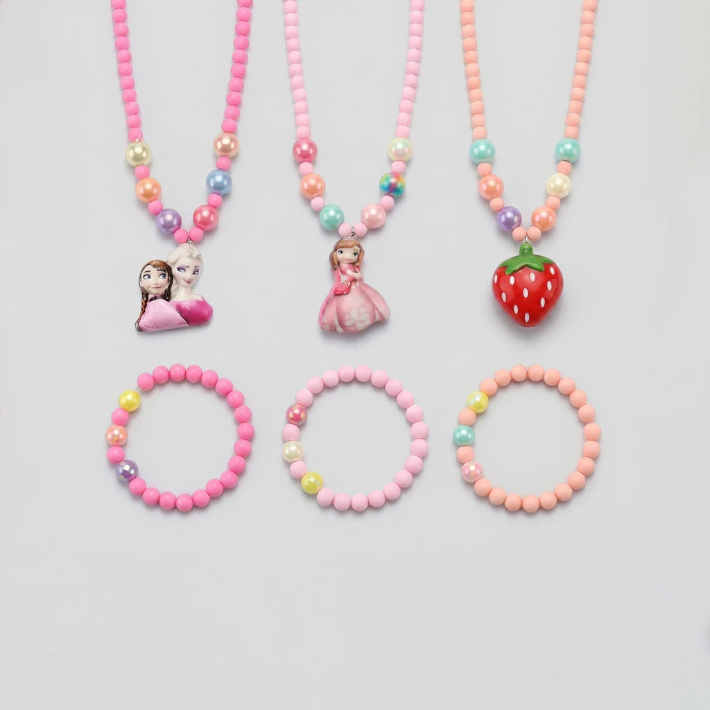 Pack Of 3 Girls Multicolour Strawberry & Princess Beaded Necklace & Bracelet Sets Necklace and Bracelet Multicolor Onesize