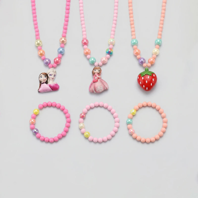 Pack Of 3 Girls Multicolour Strawberry & Princess Beaded Necklace & Bracelet Sets Necklace and Bracelet Multicolor Onesize