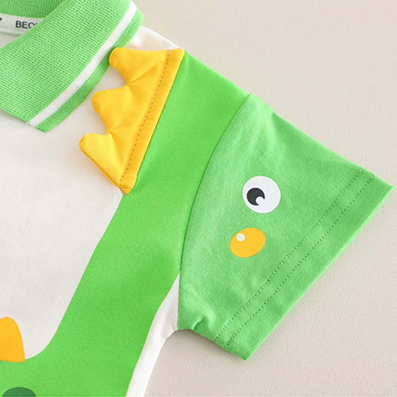Boys Green Dinosaur Printed Polo T-Shirt With Denim Shorts Set 2 pc. Sets