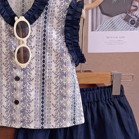 Girls Navy Blue Floral Print Sleeveless Top With Elasticated Shorts Sets 2 pc. Sets