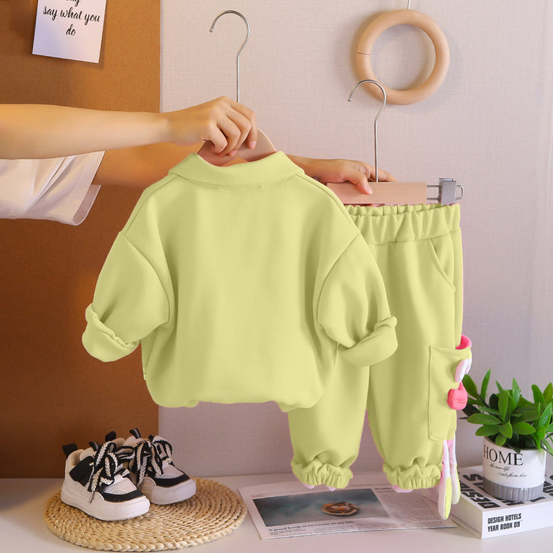 Girls Green Solid Polo Neck Sweatshirt With Joggers Co-ord Set 2 pc. Sets