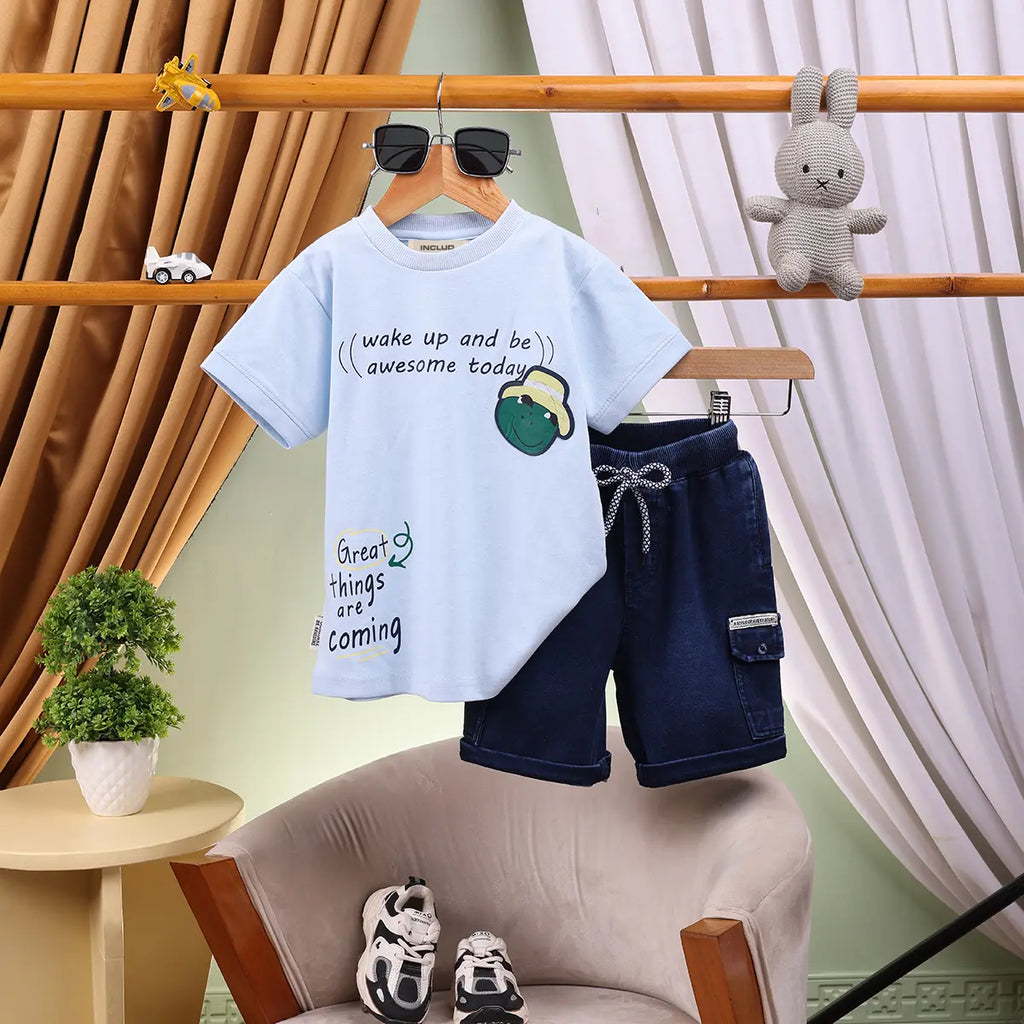 Boys Sky Blue Graphics Short Sleeve T-Shirt With Denim Shorts Sets 2 pc. Sets Sky Blue 2-3 Y
