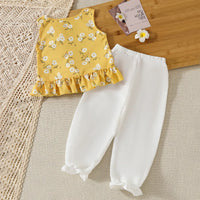 Girls Yellow Floral Ruffle Top With Pants Sets Sets