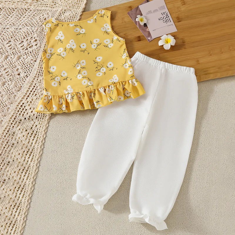 Girls Yellow Floral Ruffle Top With Pants Sets Sets