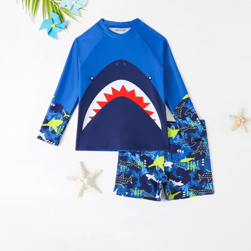 Boys Blue Shark Face Printed T-Shirt With Shorts Swimwear Set Beachwear Blue 3-4 Y