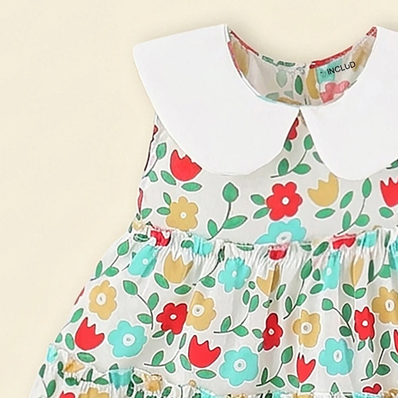 Girls Multicolor Floral Print Fit & Flare Tiered Dress Casual Dresses