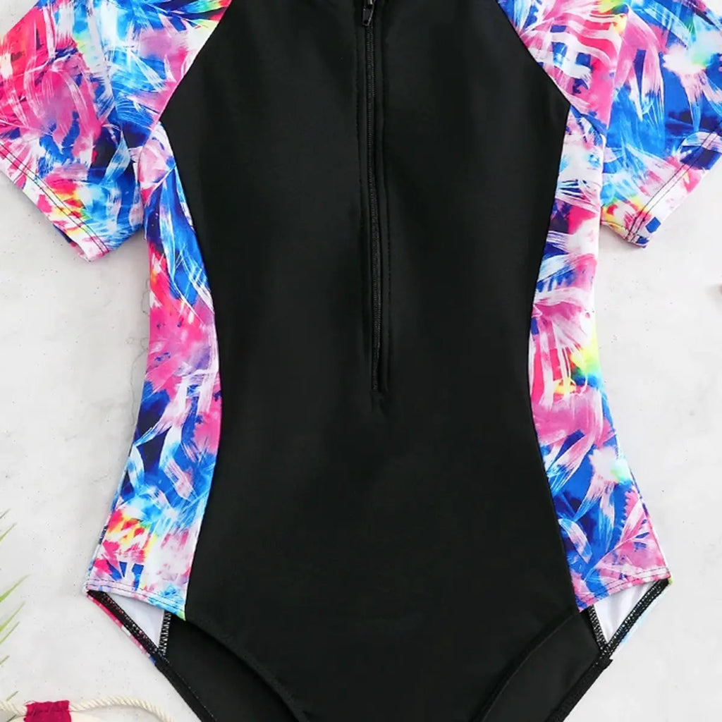 Girls Black Abstract Printed Swimwear Bodysuit Beachwear