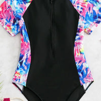 Girls Black Abstract Printed Swimwear Bodysuit Beachwear
