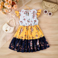 Girls Yellow Floral Print Round Neck Tiered Dress Casual Dresses
