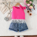 Girls Fuchsia Pearl Bow Lace Top With Denim Shorts Sets Sets Fuchsia 2-3 Y