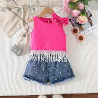 Girls Fuchsia Pearl Bow Lace Top With Denim Shorts Sets Sets Fuchsia 2-3 Y