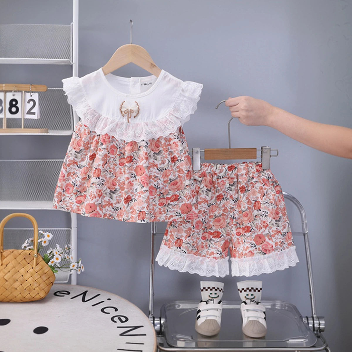 Girls Red Floral Printed Eyelet Lace Collar Top & Shorts Co-ord Sets Sets Red 1-2 Y