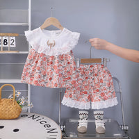 Girls Red Floral Printed Eyelet Lace Collar Top & Shorts Co-ord Sets Sets Red 1-2 Y