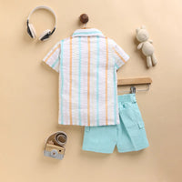 Boys Green Stripes Shirt With Printed T-Shirt & Twill Shorts Sets 3 pc. Sets