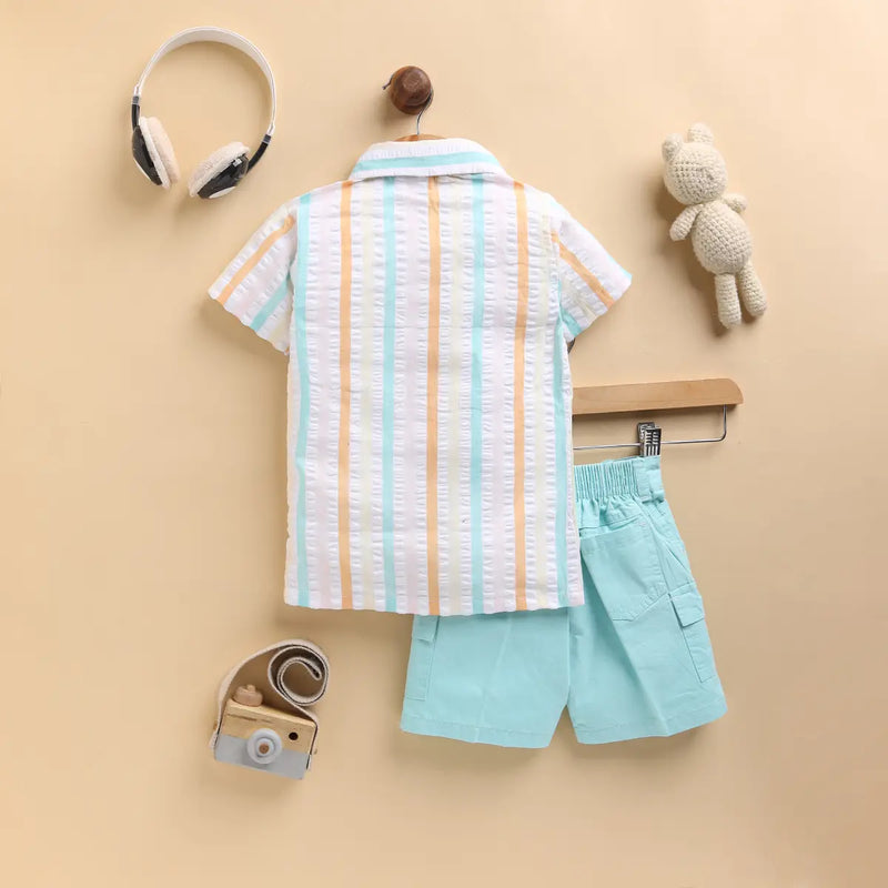 Boys Green Stripes Shirt With Printed T-Shirt & Twill Shorts Sets 3 pc. Sets