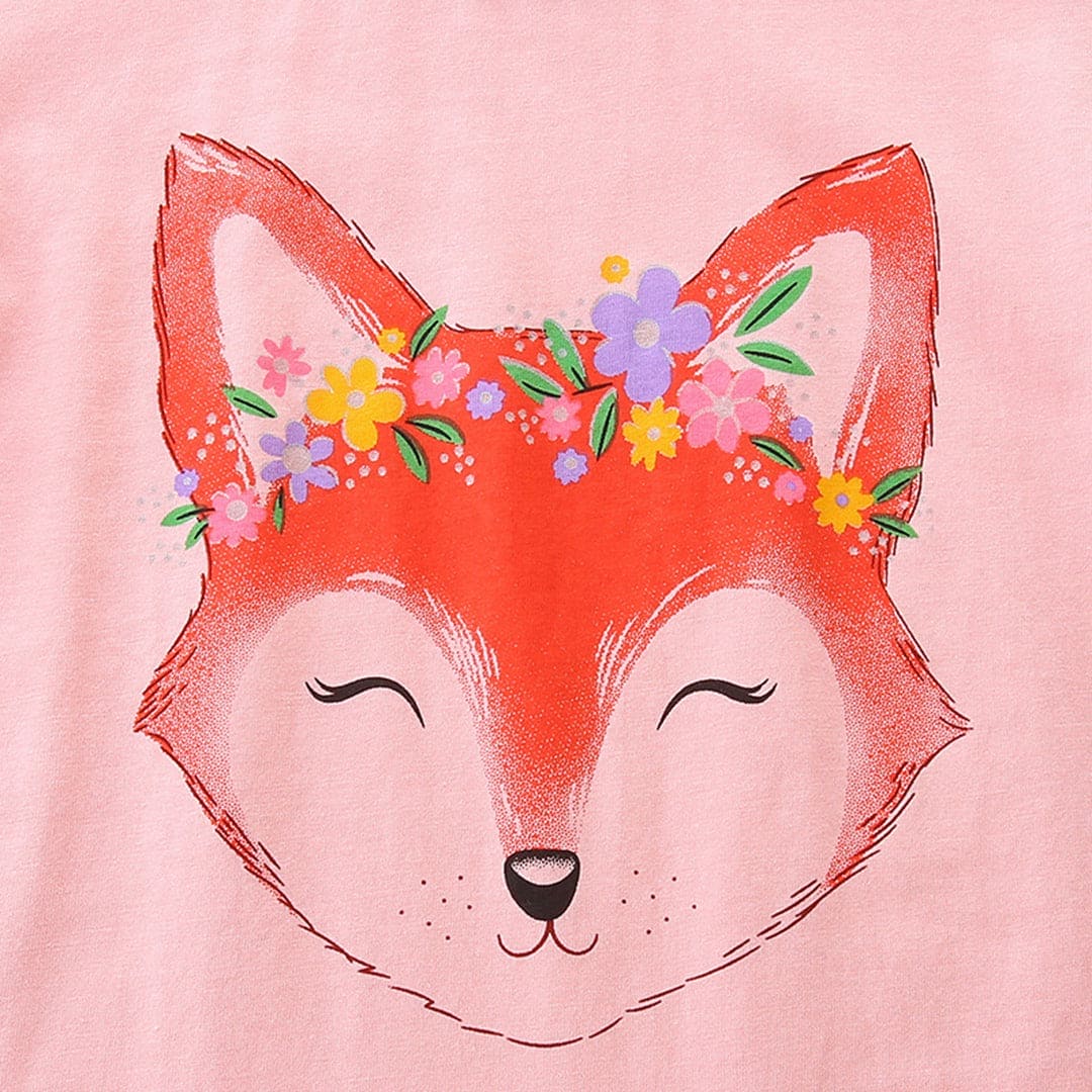 Girls Fox Print Short Sleeves Casual T-shirt Tshirts   